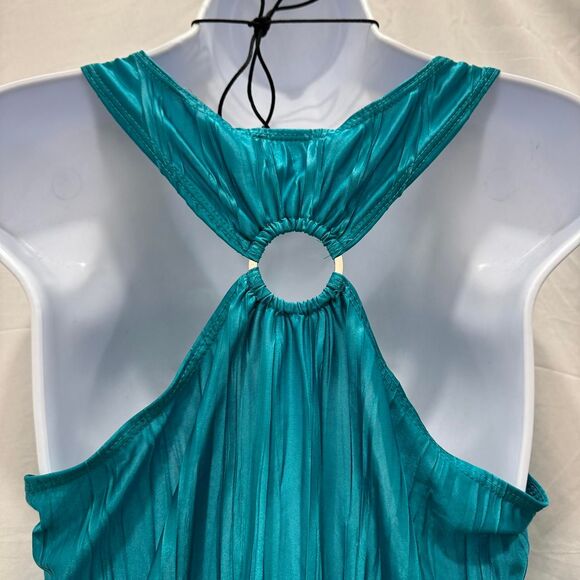 Y2K Glam Byer California Teal Crinkle Halter Top Ring Back Tank Made in USA M - Picture 5 of 8